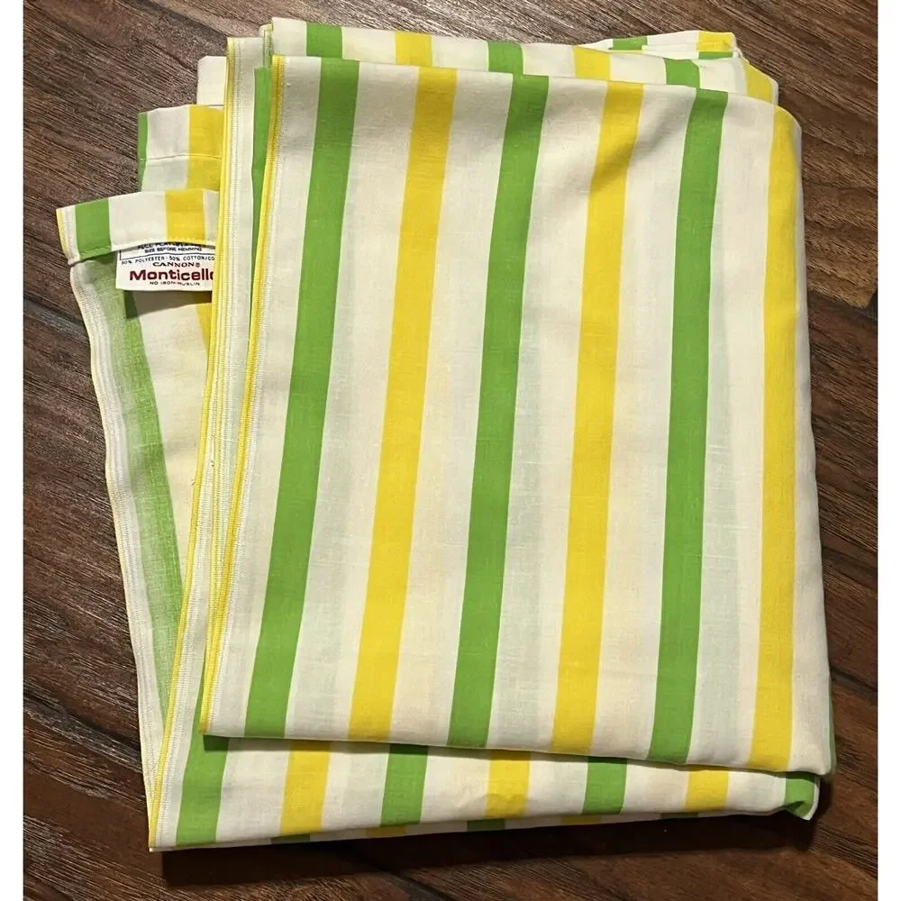 Vtg Cannon Monticello Full Flat Sheet Green Yellow Striped Retro 81”x96” EUC